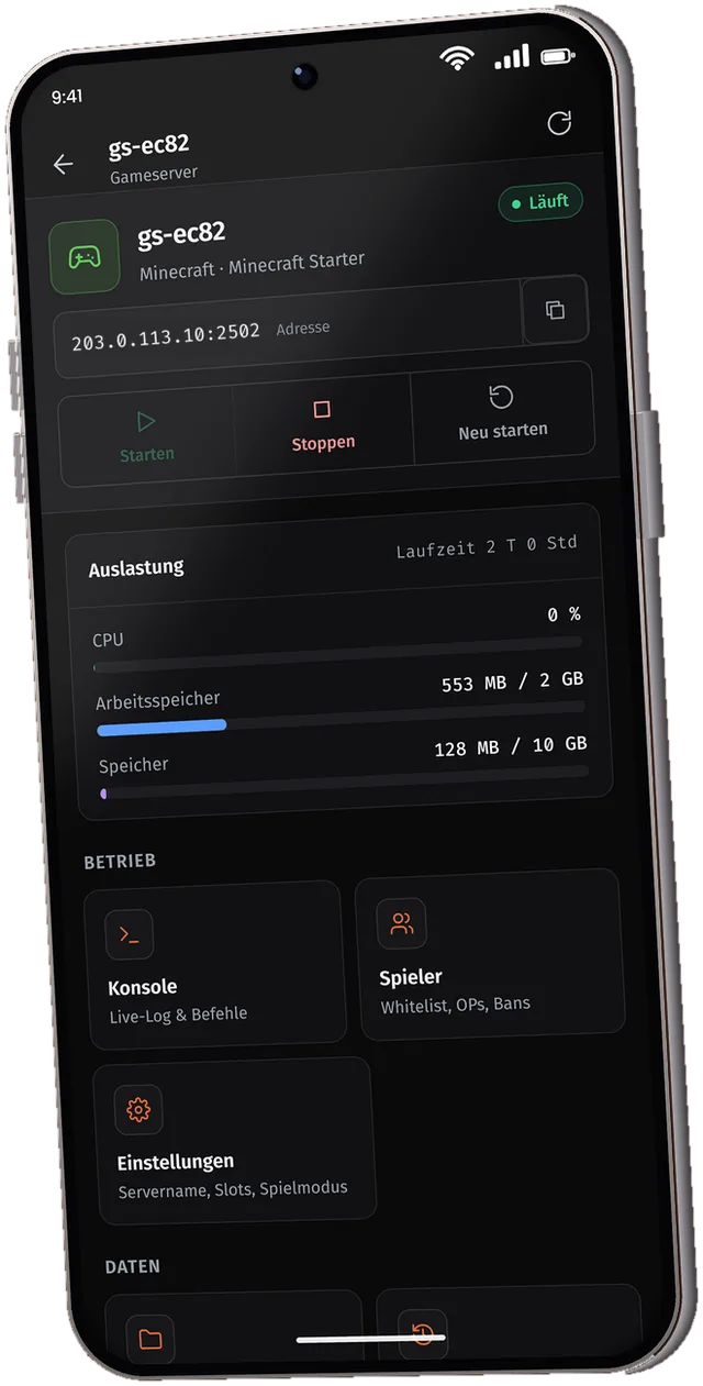 Crafthost24-App: Minecraft-Server mit Start, Stopp, Konsole und Spielerverwaltung