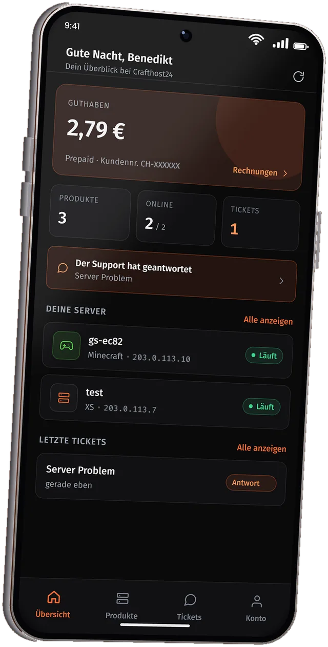 Crafthost24-App: Übersicht mit Guthaben, Servern und Tickets